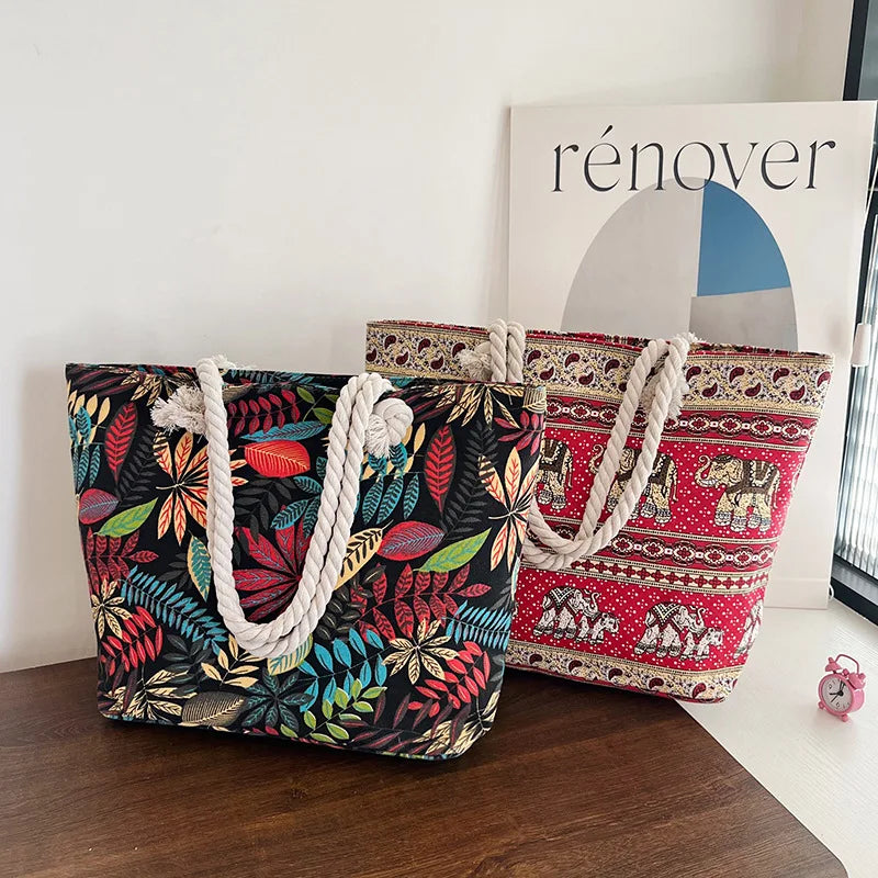 Women's Summer Beach Tote, Printed Canvas Shopping Bag