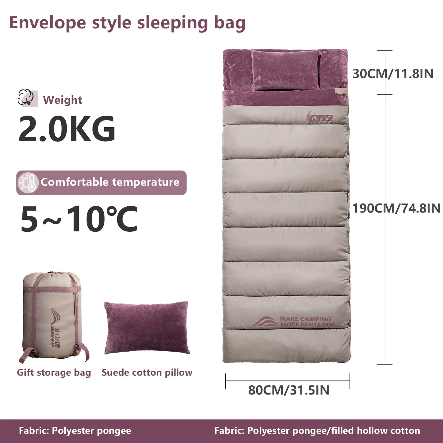 BISINNA Portable Camping Sleeping Bag Lightweight Short Velvet Cotton Winter Sleeping Bag With Pillow Outdoor Traveling Hiking