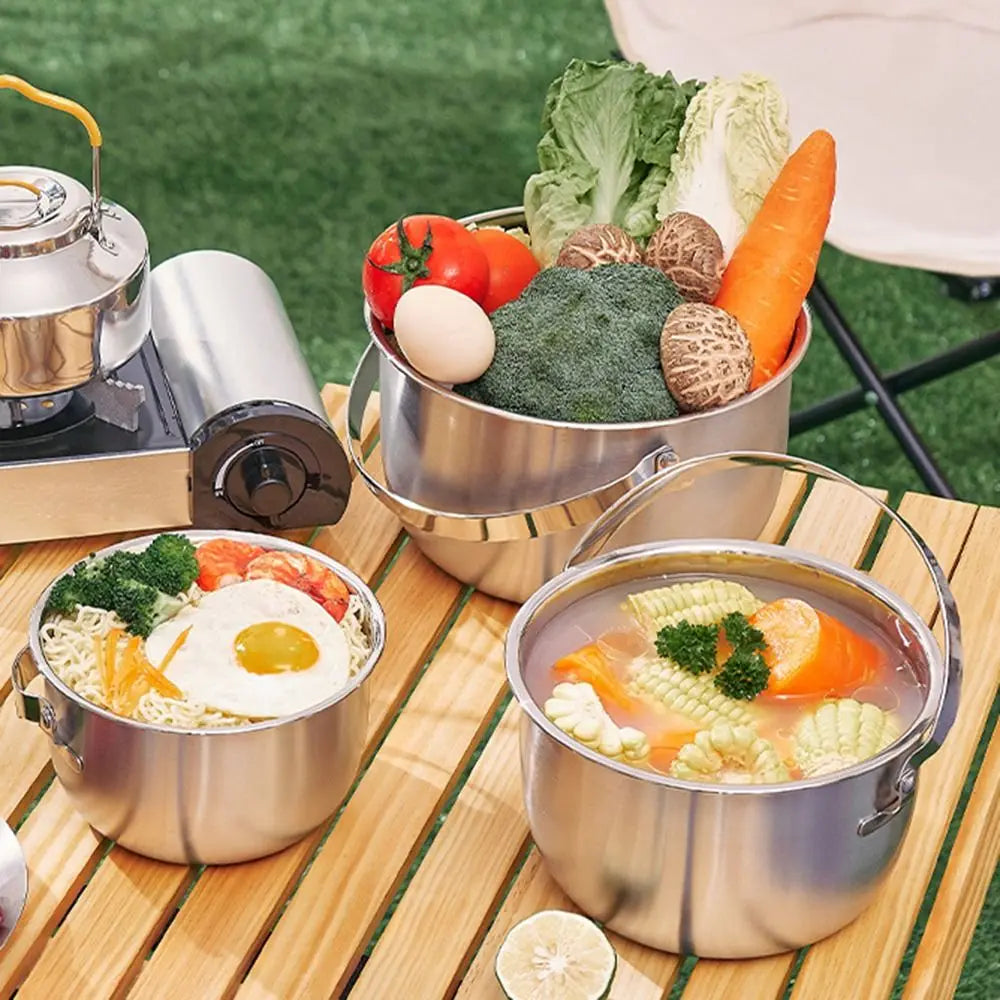 Stainless Steel Outdoor Camping Pot with Handle and Lid 17-26cm Hanging Camping Cookware Durable Multifunctional
