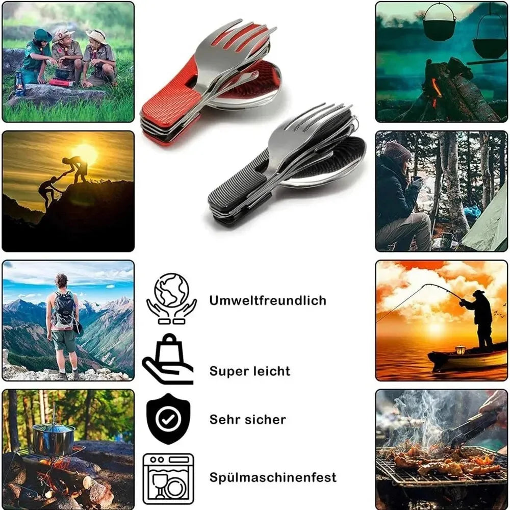 Stainless Steel Cutlery 4in1 Outdoor Picnic Tableware Foldable Knife Fork Spoon Bottle Opener Camping Folding Pocket Cutlery Set