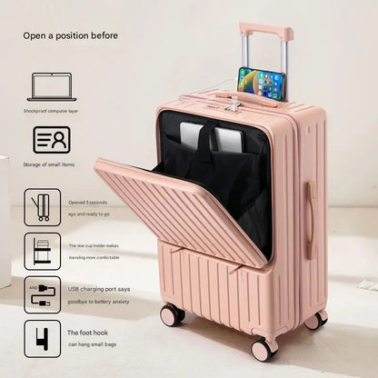 Luggage Large Capacity Trolley Case Universal Wheel Handheld Travel Suitcase Front Open Boarding Box Usb Charging Trolley Case