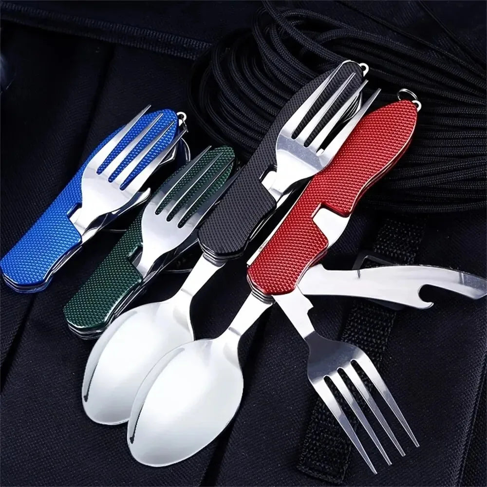 Stainless Steel Cutlery 4in1 Outdoor Picnic Tableware Foldable Knife Fork Spoon Bottle Opener Camping Folding Pocket Cutlery Set