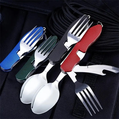 Stainless Steel Cutlery 4in1 Outdoor Picnic Tableware Foldable Knife Fork Spoon Bottle Opener Camping Folding Pocket Cutlery Set