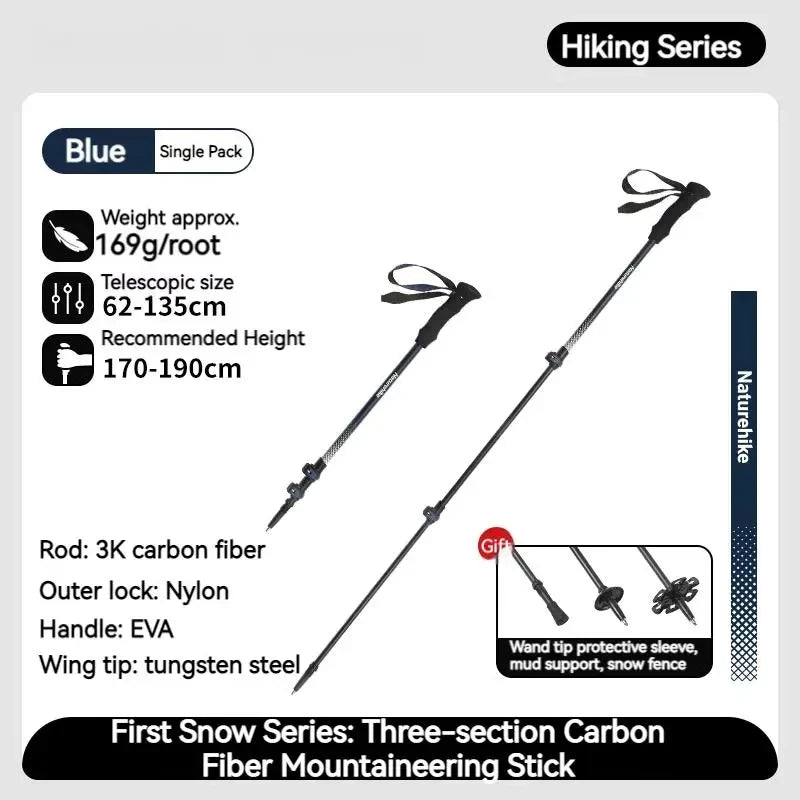 Naturehike 3-Section Trekking Pole 3K Carbon Fiber Ultralight Adjustable EVA Walking Stick Outdoor Hiking Telescopic Pole EXT1