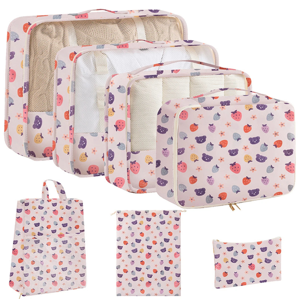 7PCS Travel Packing Cube Printed Cartoon Travel Storage Bag Clothes Shoes Toiletries Sorting Storage Bag for Luggage Suitcase