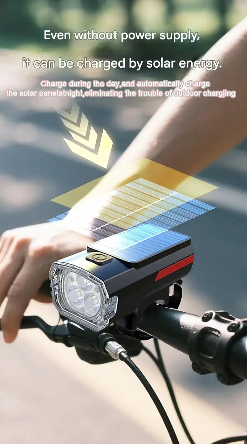 Solar Charging Bicycle Front Light, Wide-Angle 3 LED Headlight MTB Road Bike Flashlight Easy to Install