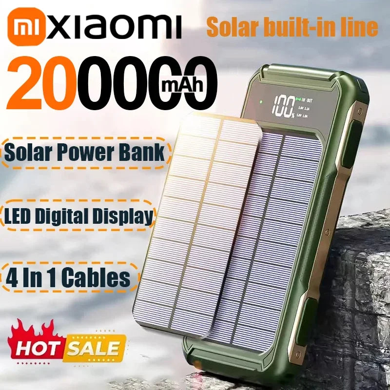 Xiaomi 200000mAh Large Capacity Solar Power Bank 4 in 1 Built in Cable Fastcharge Mobile Power Battery LED Light iPhone Samsung