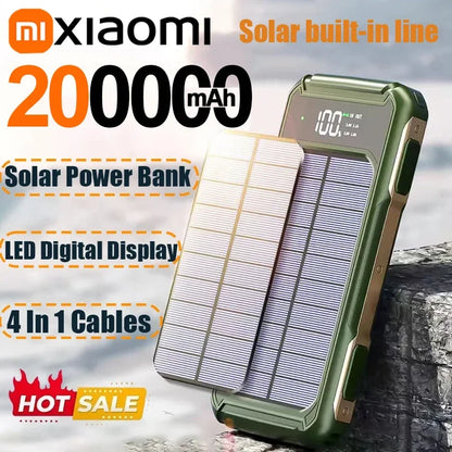 Xiaomi 200000mAh Large Capacity Solar Power Bank 4 in 1 Built in Cable Fastcharge Mobile Power Battery LED Light iPhone Samsung