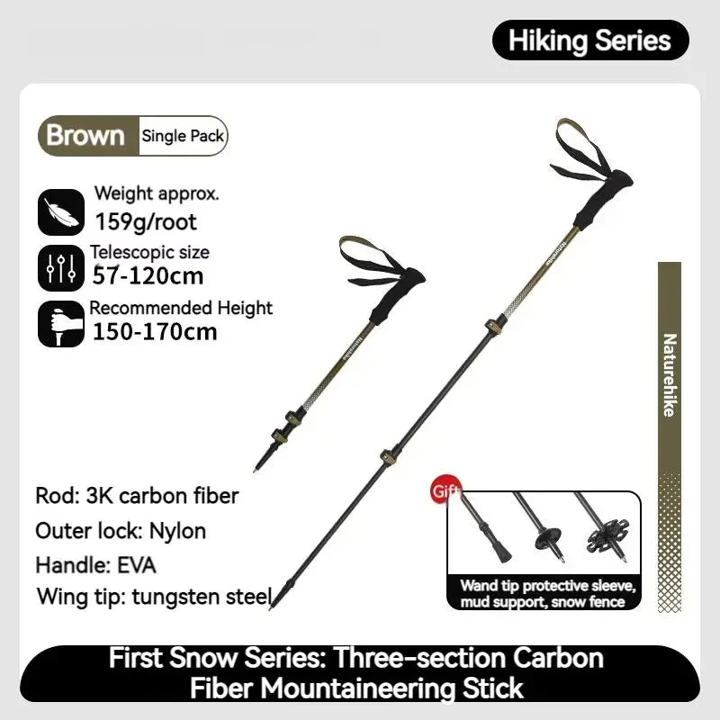 Naturehike 3-Section Trekking Pole 3K Carbon Fiber Ultralight Adjustable EVA Walking Stick Outdoor Hiking Telescopic Pole EXT1