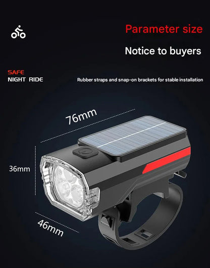 Solar Charging Bicycle Front Light, Wide-Angle 3 LED Headlight MTB Road Bike Flashlight Easy to Install