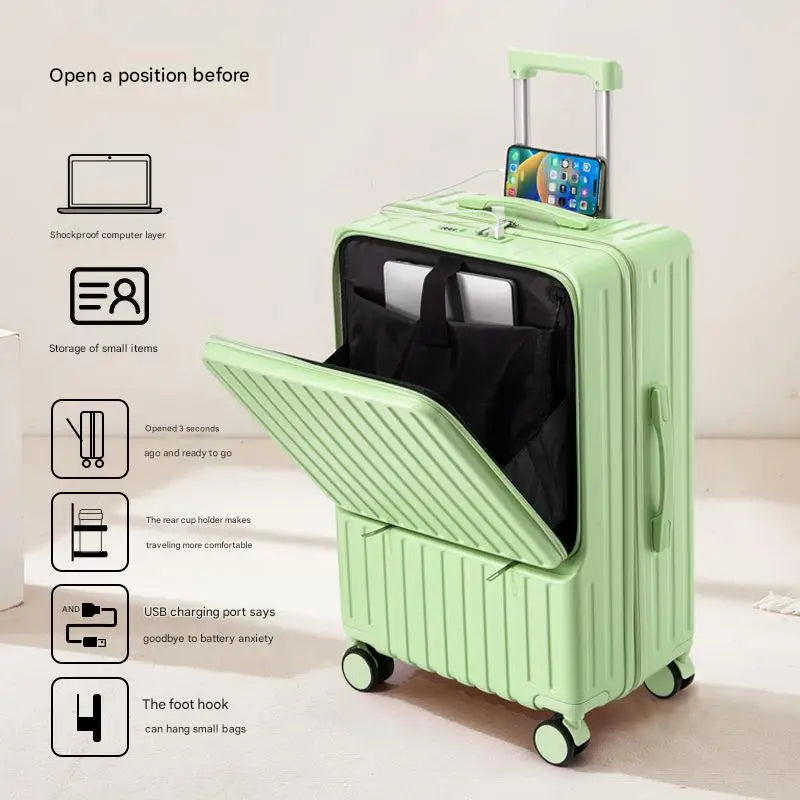 Luggage Large Capacity Trolley Case Universal Wheel Handheld Travel Suitcase Front Open Boarding Box Usb Charging Trolley Case