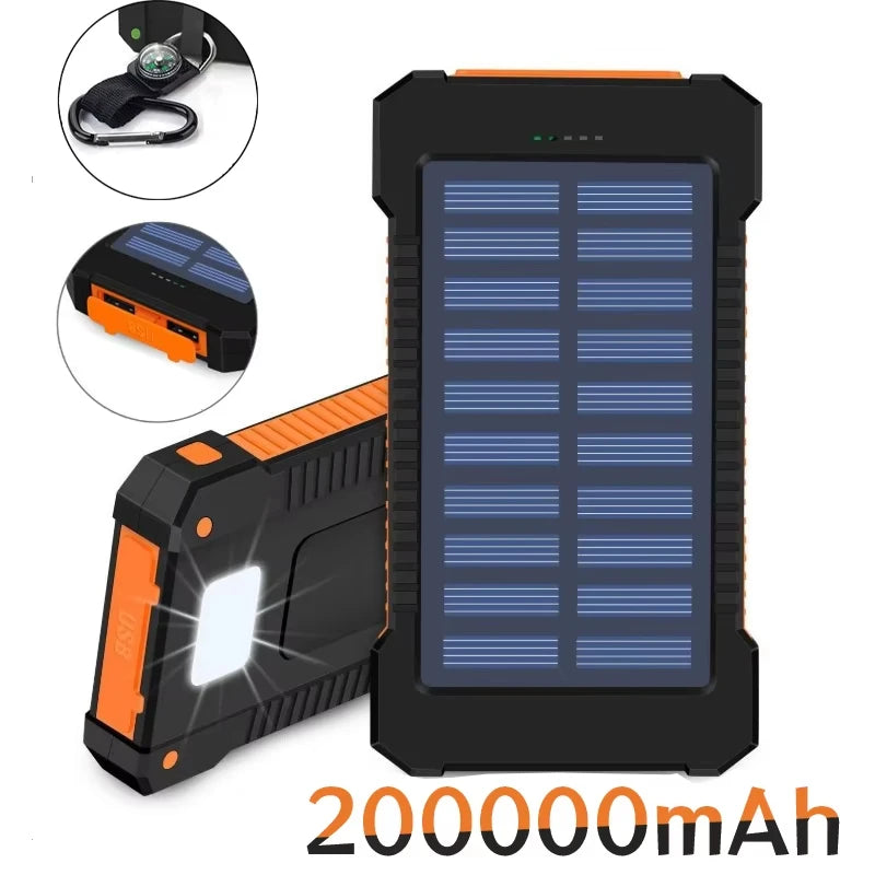 200000mAh Large Capacity Solar Power Bank Portable W/ Lanyard Compass External Battery Outdoor Charging Powerbank For Xiaomi