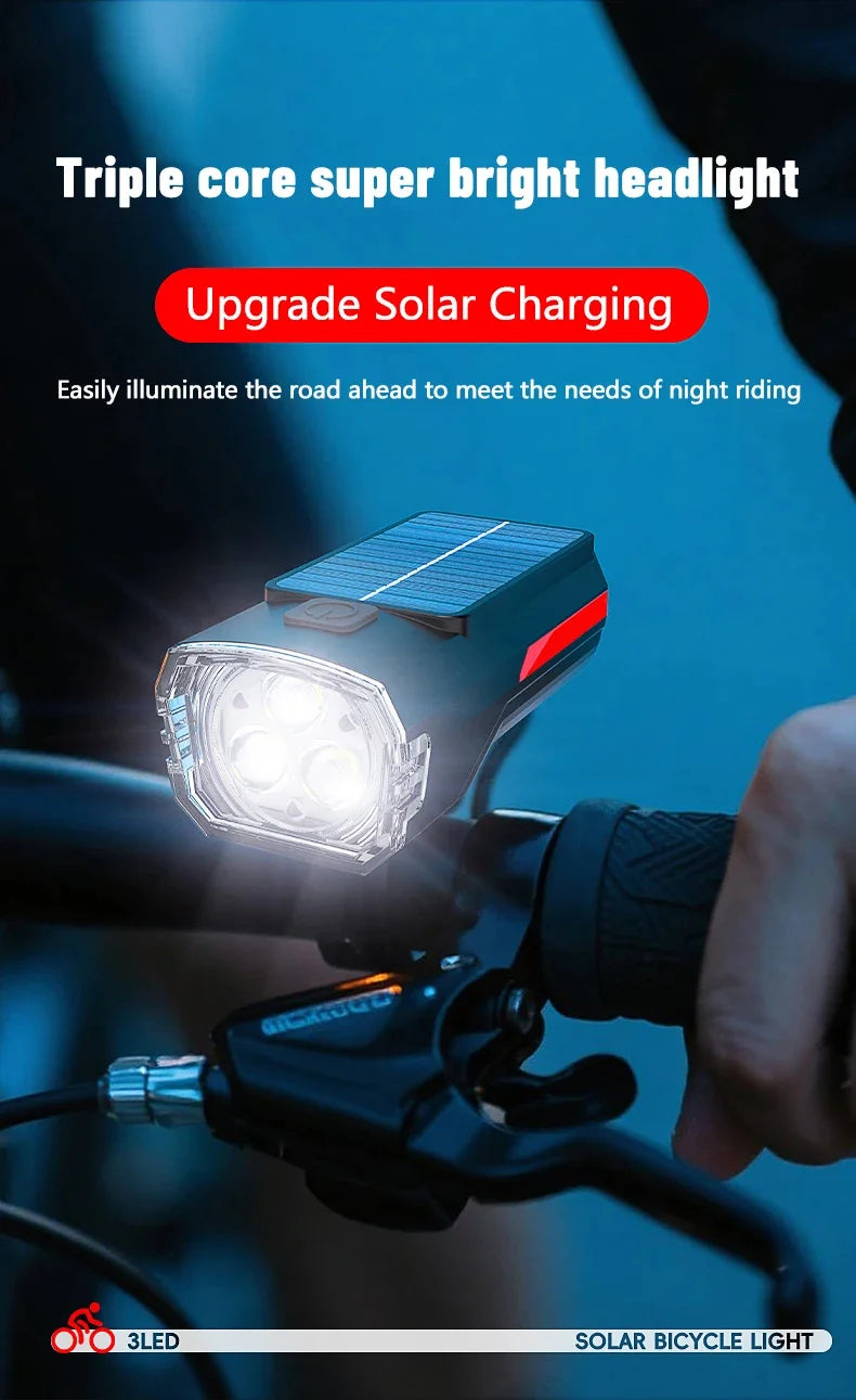 Solar Charging Bicycle Front Light, Wide-Angle 3 LED Headlight MTB Road Bike Flashlight Easy to Install