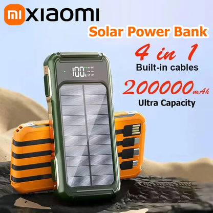 Xiaomi 200000mAh Large Capacity Solar Power Bank 4 in 1 Built in Cable Fastcharge Mobile Power Battery LED Light iPhone Samsung