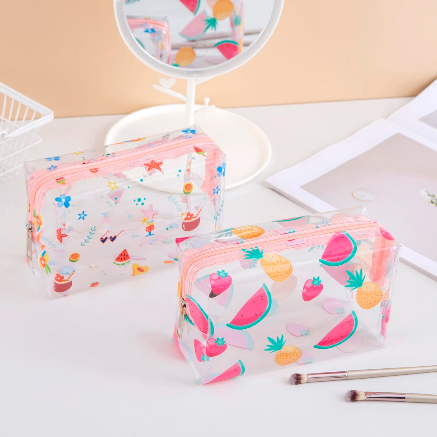 Summer Cute Waterproof Clear printing Cosmetics Bag PVC Zippered Toiletry Carry Pouch  for  Beach Swimming Travel